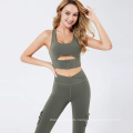 Hot Spandex Yoga Set Crop Outfit Gym Running Sportswear Front Cross Leggings Active Wear With Pockets